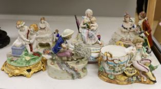 A John Bevington figural bowl, and four Continental porcelain groups and a Staffordshire style