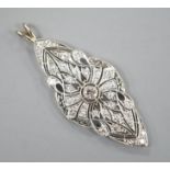 A Belle Epoque style white metal and diamond set quatrefoil shaped pendant, (adapted), 48mm, gross
