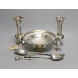 A George V silver bowl, by Walker & Hall, a pair of vases, pair of George III silver table spoons,
