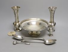 A George V silver bowl, by Walker & Hall, a pair of vases, pair of George III silver table spoons,