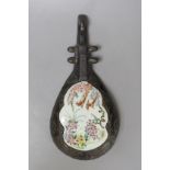 A Japanese famille rose wall pocket in the shape of a mandolin - 28cm tall