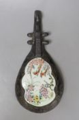 A Japanese famille rose wall pocket in the shape of a mandolin - 28cm tall