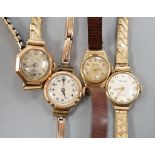 Three lady's early to mid 20th century 9ct gold manual wind wrist watches, one on a 9ct bracelet and