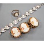 A gilt white metal and cameo shell set bracelet, a similar ring and a sterling 925 bracelet.