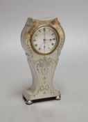 A George V engraved silver mounted mantel timepiece, on ball feet, Birmingham, 1912, 13.2cm