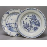 Two 18th century English delftware chargers - 33.5cm diameter