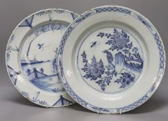 Two 18th century English delftware chargers - 33.5cm diameter