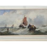 William James Durant Ready (1823-1873), oil on board, signed, fishing boats offshore, 19 x 41cm