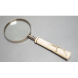 A Japanese Shibayama ivory and bone inlay handled magnifying glass decorated with insects and