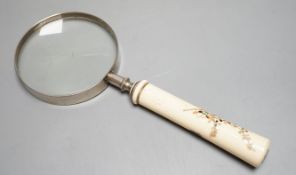 A Japanese Shibayama ivory and bone inlay handled magnifying glass decorated with insects and