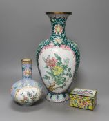 A large Chinese Canton enamel vase, a smaller vase and a box, 19th/20th century (3) - tallest 30cm