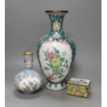 A large Chinese Canton enamel vase, a smaller vase and a box, 19th/20th century (3) - tallest 30cm