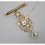 An early 20th century 9c, gem and seed pearl set drop pendant, now with bar brooch suspension,