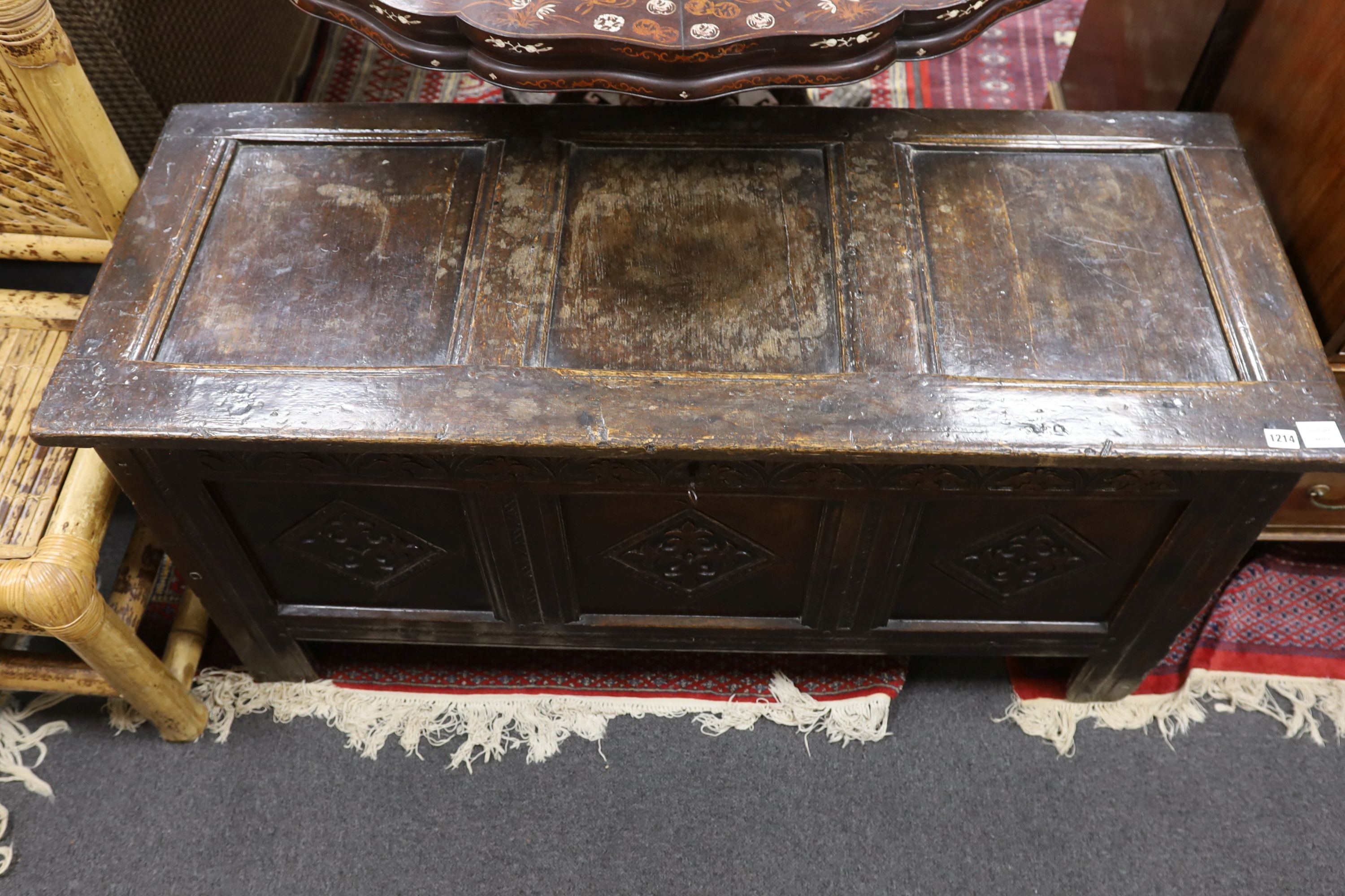 A late 17th century carved oak coffer, length 134cm, depth 54cm, height 68cm - Image 2 of 6