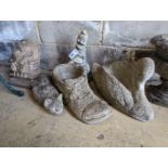Five reconstituted stone garden ornaments, largest width 48cm