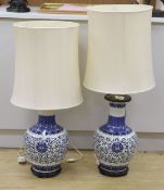 A pair of large Chinese blue and white table lamps - base: 48cm tall