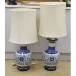 A pair of large Chinese blue and white table lamps - base: 48cm tall