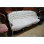 A 19th century French painted carved beech settee, length 182cm, depth 76cm, height 88cm