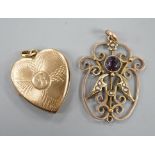 A 9ct gold heart shaped locket, with engraved inscription, 22mm and an Edwardian 9ct, amethyst and