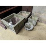 Three square reconstituted stone garden planters together with a bird bath, largest height 32cm