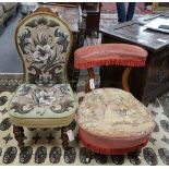 A Victorian walnut beadwork side chair, height 87cm together with a Victorian prie-dieu chair