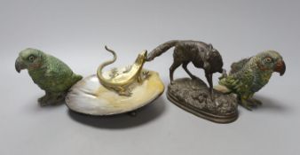 A bronze and mother-of-pearl 'lizard' dish, a bronzed spelter fox, 15cm long and two cold painted