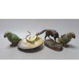 A bronze and mother-of-pearl 'lizard' dish, a bronzed spelter fox, 15cm long and two cold painted