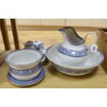 A blue and white Maltese pattern ceramic toilet set and a pearlware plate