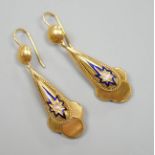 A pair of antique yellow metal, blue enamel and single stone rose cut diamond set drop earrings,