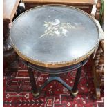 A Victorian circular gilt metal mounted ebonised centre table with pietra dura top, diameter 57cm,