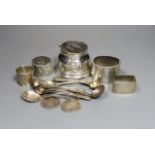 Assorted small silver including flatware, napkin rings, tortoiseshell mounted inkwell, two coins and