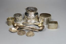 Assorted small silver including flatware, napkin rings, tortoiseshell mounted inkwell, two coins and