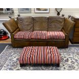 A studded tan leather Knowle settee with striped fabric loose cushion seat, length 220cm, depth