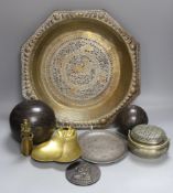 Metalware to include - a Sino-Tibetan bronze amulet, a Bidri ware dish, a Chinese paktong handwarmer