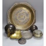 Metalware to include - a Sino-Tibetan bronze amulet, a Bidri ware dish, a Chinese paktong handwarmer