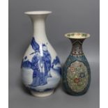 A Chinese blue and white pear-shaped vase and a Japanese ceramic cloisonné vase, tallest 29cm