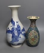 A Chinese blue and white pear-shaped vase and a Japanese ceramic cloisonné vase, tallest 29cm