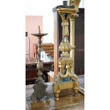 Two 18th century style Italian giltwood altar sticks, larger height 82cm