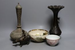A Japanese bronze vase, an Islamic brass bottle, Chinese enamelled porcelain bowl, bronze group of