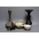 A Japanese bronze vase, an Islamic brass bottle, Chinese enamelled porcelain bowl, bronze group of