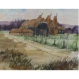 Robert Tavener (1920-2004), ink and watercolour, Oast houses, signed, 37 x 46cm