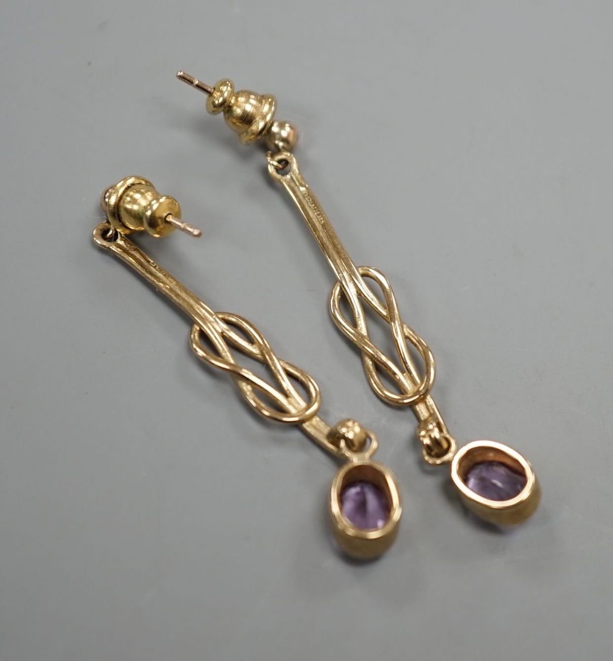 A modern pair of 9ct gold and amethyst set drop earrings, 4cm, gross 3.8 grams. - Image 3 of 3