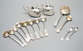 Seven assorted Georgian silver mustard ladles , a strainer, a pair of silver mustard pots and four