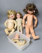 A kid leather bodied jointed limb open mouth Heubach bisque headed doll together with two other