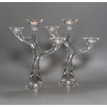 A pair of three branch glass candelabra, signed Marcaurel. 28cm