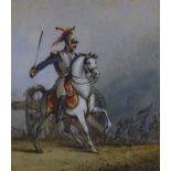 19th century French School, ink and watercolour, Cavalryman on the battlefield, 13 x 11cm