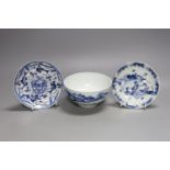 Two small Chinese blue and white dishes and similar bowl