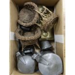 A selection of pewter measures together with an inkstand and miniature wicker furniture (1 box)