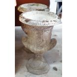 A pair of reconstituted campana garden urns, diameter 40cm, height 62cm