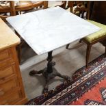 A square reconstituted marble and cast iron garden table, width 60cm, height 73cm